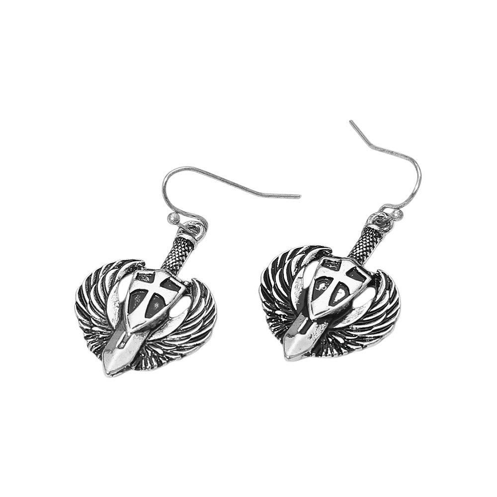 Madeline Love Silver Burnished Antique Metal Wing Cross Sword Shield Drop Earrings - desc