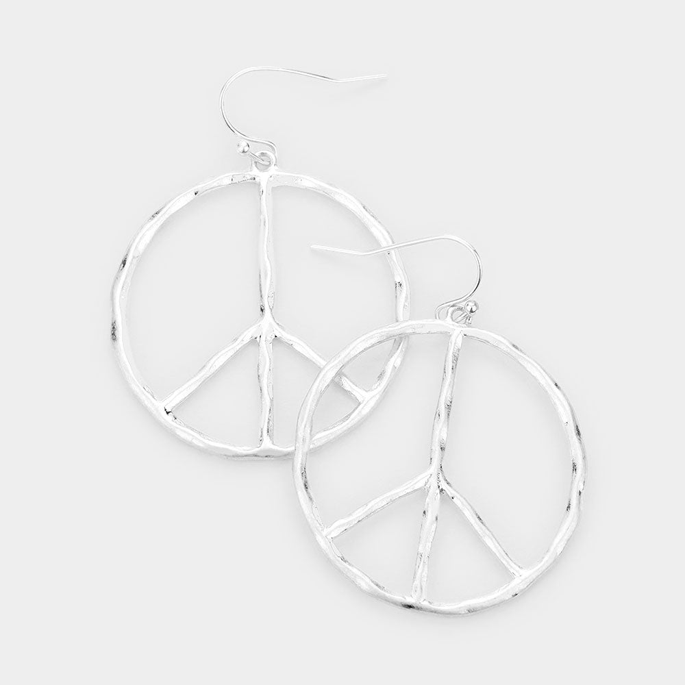 Madeline Love Worn Silver Metal Peace Mark Dangle Earrings
