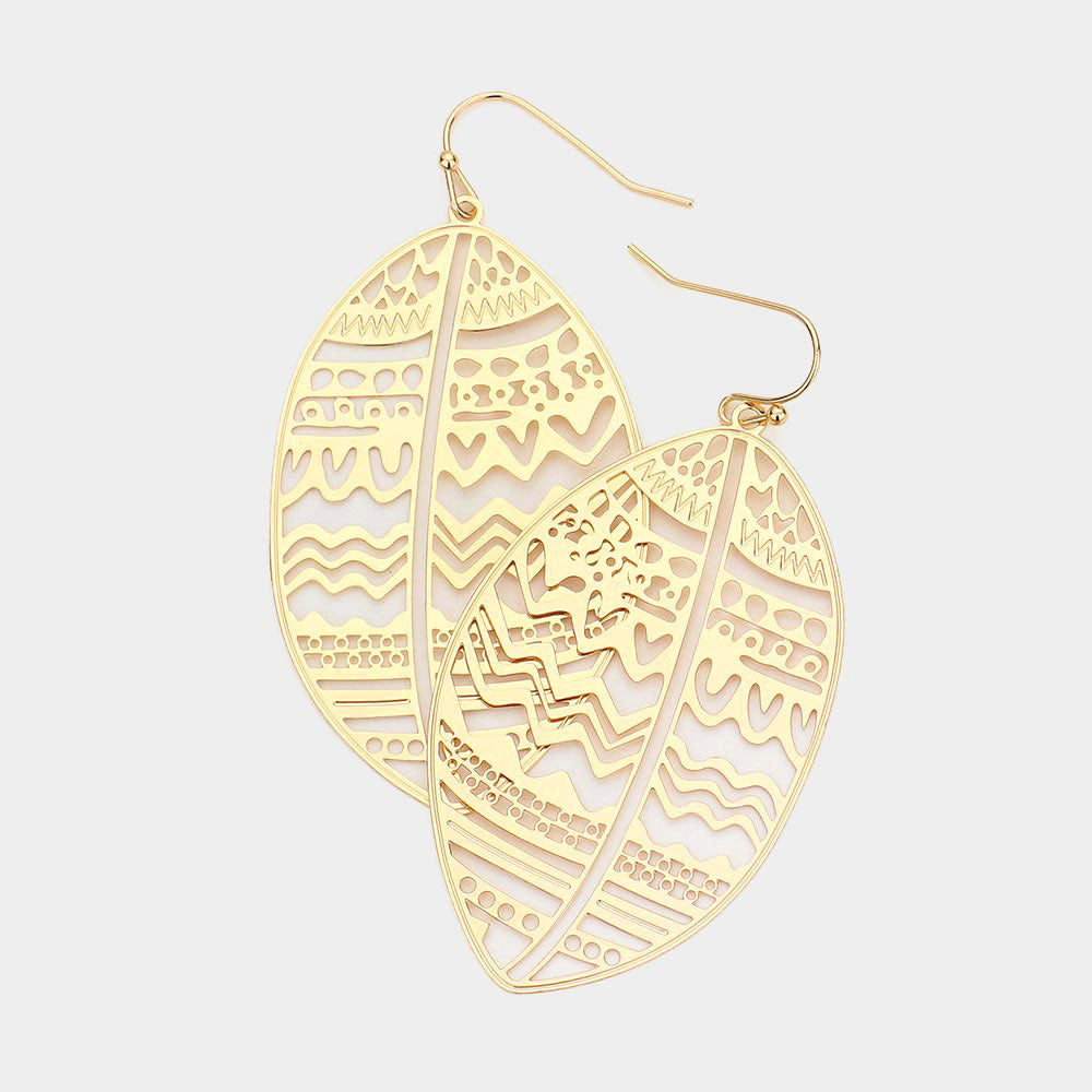 Madeline Love Gold Brass Metal Filigree Abstract Oval Dangle Earrings
