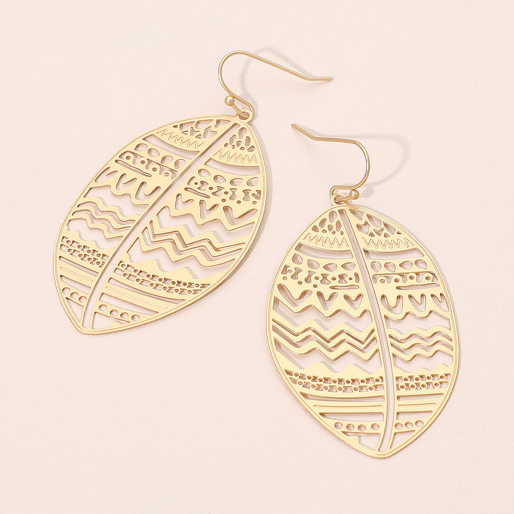 Madeline Love Matte gold Brass Metal Tribal Pattern Cutout leaf Dangle Earrings