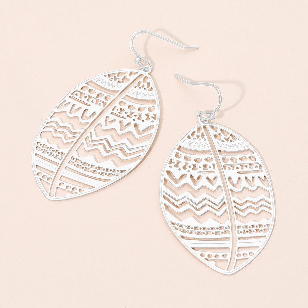 Madeline Love Matte Silver Brass Metal Tribal Pattern Cutout leaf Dangle Earrings