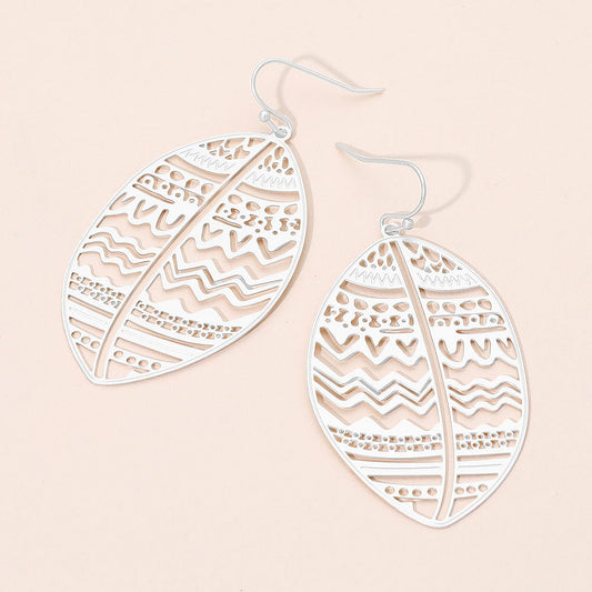 Madeline Love Matte Silver Brass Metal Tribal Pattern Cutout leaf Dangle Earrings