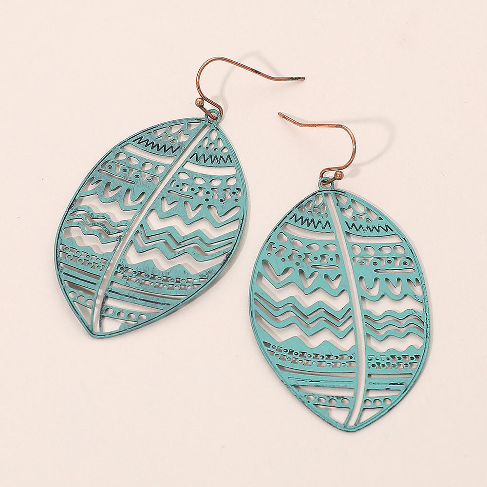 Madeline Love Patina Verdigris Brass Metal Tribal Pattern Cutout leaf Dangle Earrings