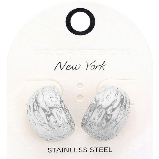Madeline Love Rhodium SECRET BOX_Textured Stainless Steel Half Hoop Earrings