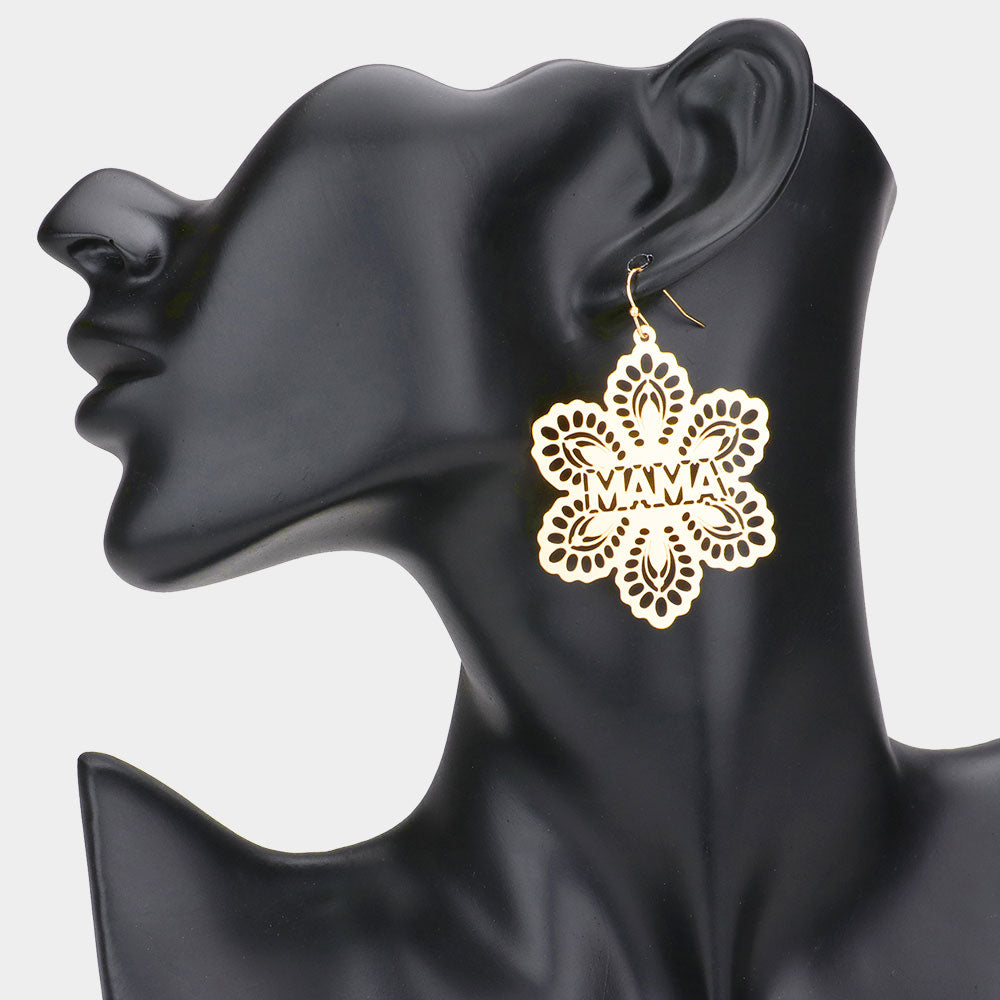 Madeline Love Gold MAMA Message Brass Metal Flower Dangle Earrings