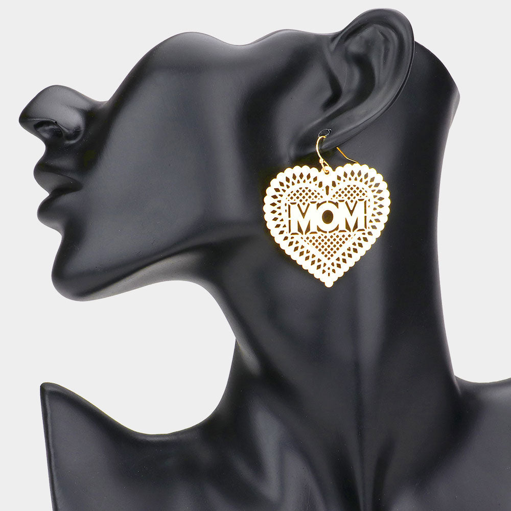 Madeline Love Gold MOM Message Brass Metal Heart Dangle Earrings