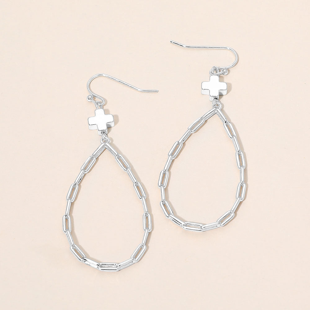 Madeline Love Rhodium Metal Cross Charm Accent Paperclip Chain Link Open Teardrop Earrings