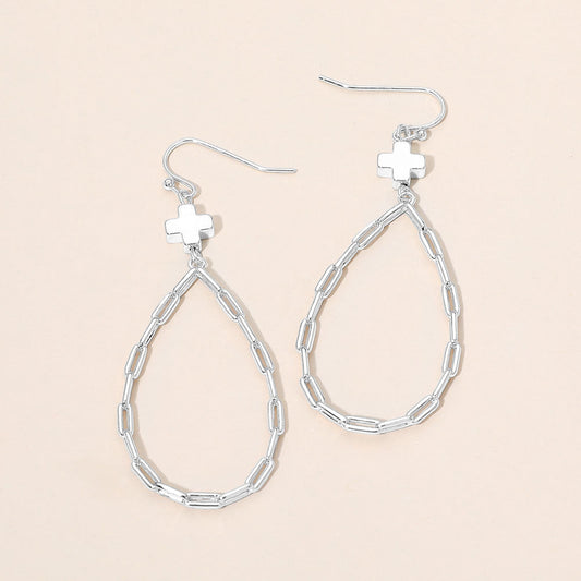 Madeline Love Rhodium Metal Cross Charm Accent Paperclip Chain Link Open Teardrop Earrings