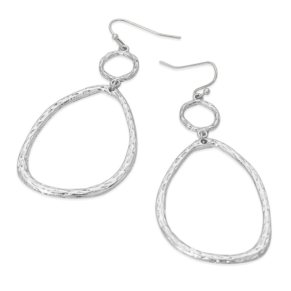 Madeline Love Worn Silver Textured Metal Organic Open Oval Link Drop Earrings - desc