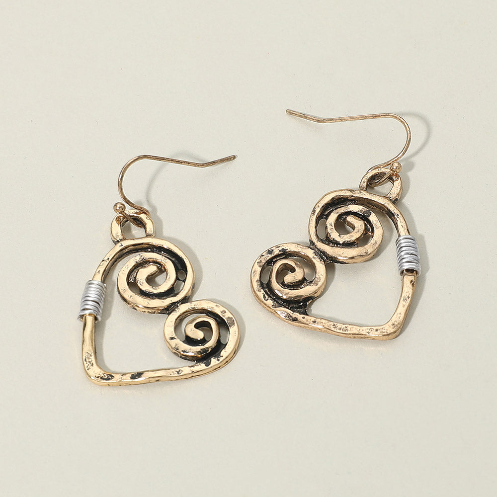Madeline Love Gold Burnished, Two Tone Swirl Heart Charm Drop Earrings