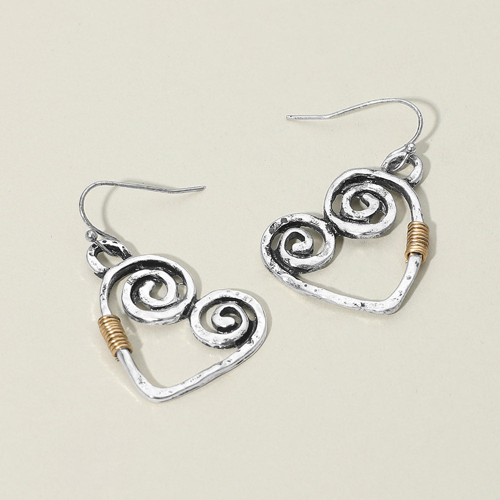 Madeline Love Silver Burnished, Two Tone Swirl Heart Charm Drop Earrings