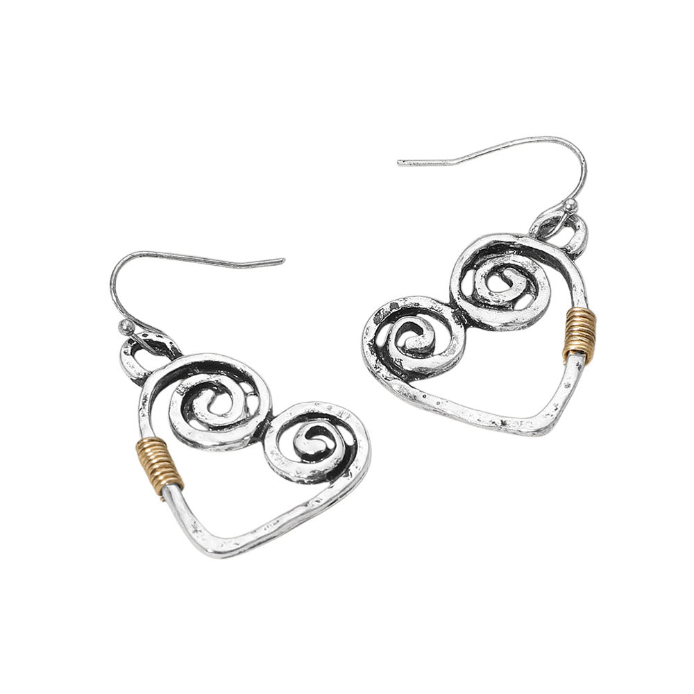 Madeline Love Silver Burnished, Two Tone Swirl Heart Charm Drop Earrings - desc