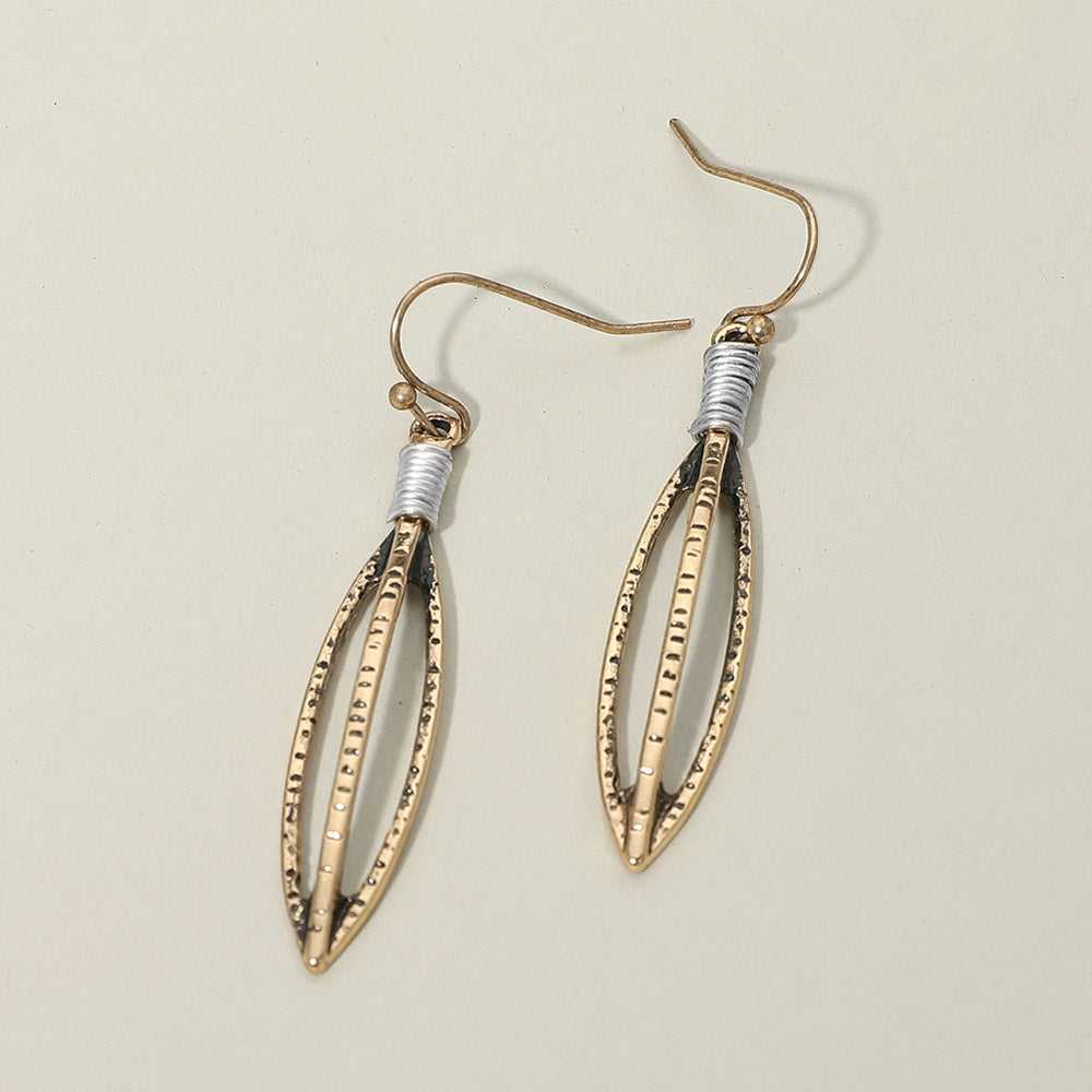 Madeline Love Gold Burnished, Two Tone Boho Textured Metal Open Marquise Drop Earrings