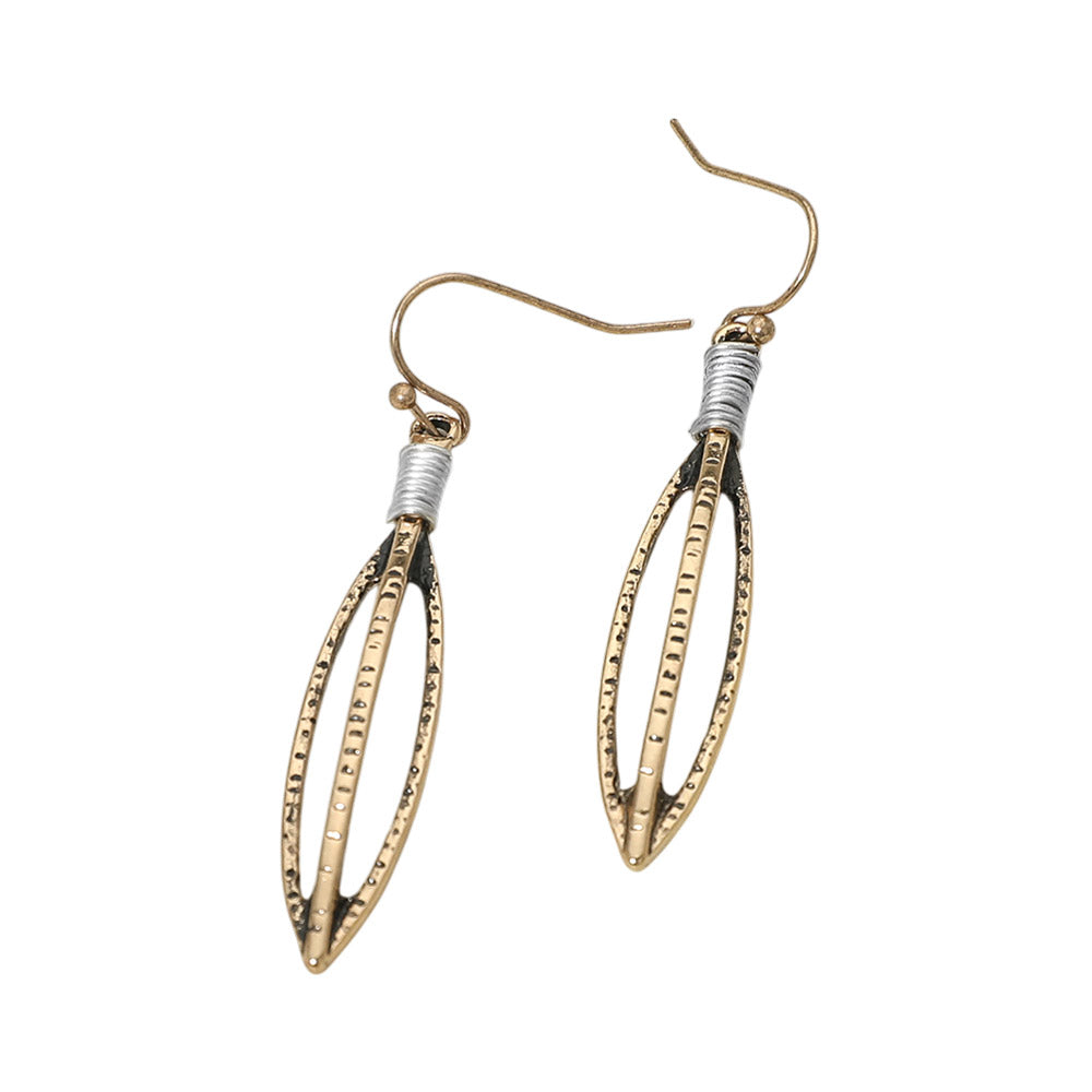 Madeline Love Gold Burnished, Two Tone Boho Textured Metal Open Marquise Drop Earrings - desc
