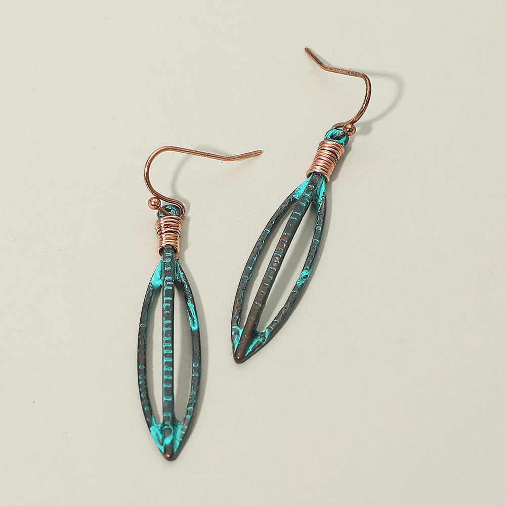 Madeline Love Copper Burnished, Patina Verdigris Boho Textured Metal Open Marquise Drop Earrings