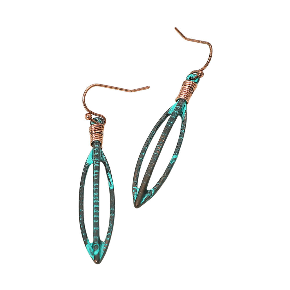 Madeline Love Copper Burnished, Patina Verdigris Boho Textured Metal Open Marquise Drop Earrings - desc