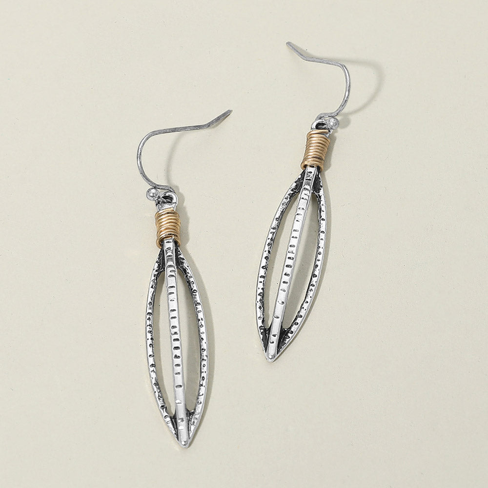 Madeline Love Silver Burnished, Two Tone Boho Textured Metal Open Marquise Drop Earrings