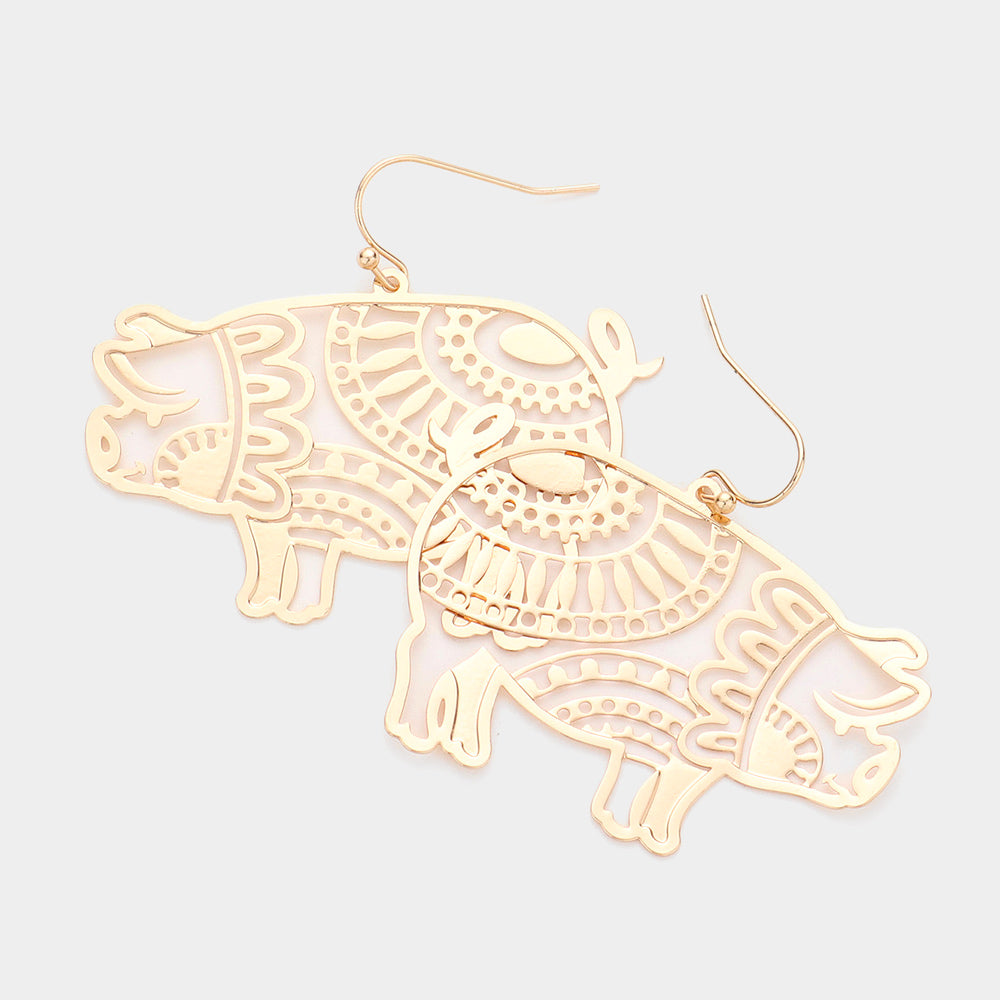 Madeline Love Gold Brass Metal Cutout Pig Dangle Earrings