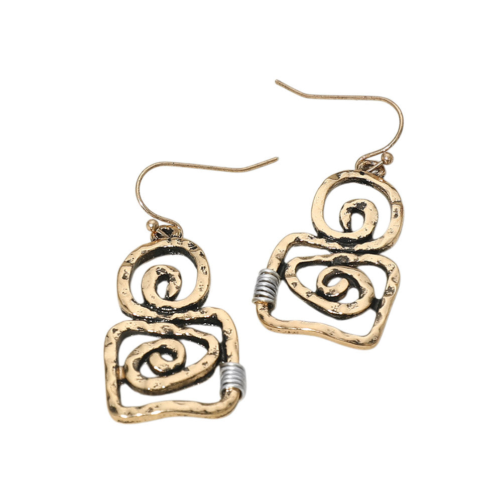 Madeline Love Gold Burnished, Two Tone Boho Geometric Metal Swirl Drop Earrings - desc