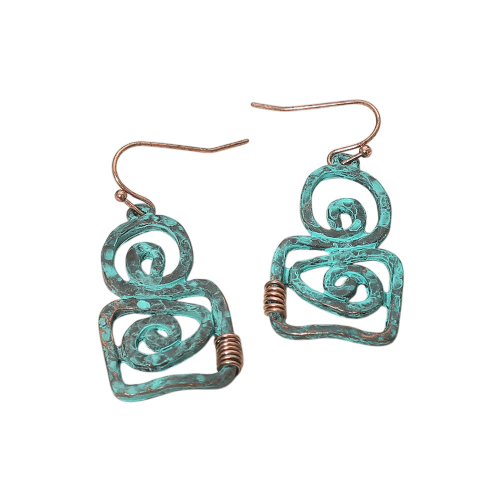 Madeline Love Copper Burnished, Patina Verdigris Boho Geometric Metal Swirl Drop Earrings - desc