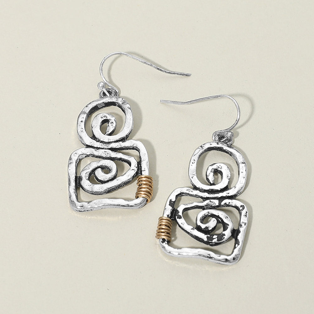 Madeline Love Silver Burnished, Two Tone Boho Geometric Metal Swirl Drop Earrings