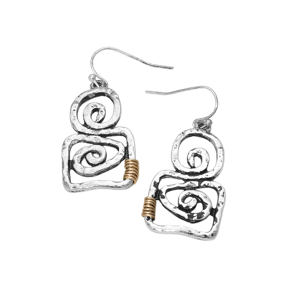 Madeline Love Silver Burnished, Two Tone Boho Geometric Metal Swirl Drop Earrings - desc