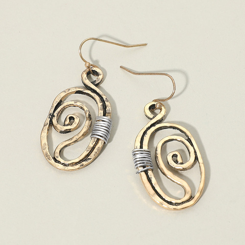 Madeline Love Gold Burnished, Two Tone Boho Metal Swirl Oval Drop Earrings