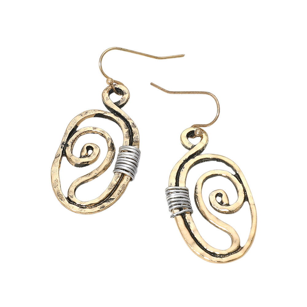 Madeline Love Gold Burnished, Two Tone Boho Metal Swirl Oval Drop Earrings - desc