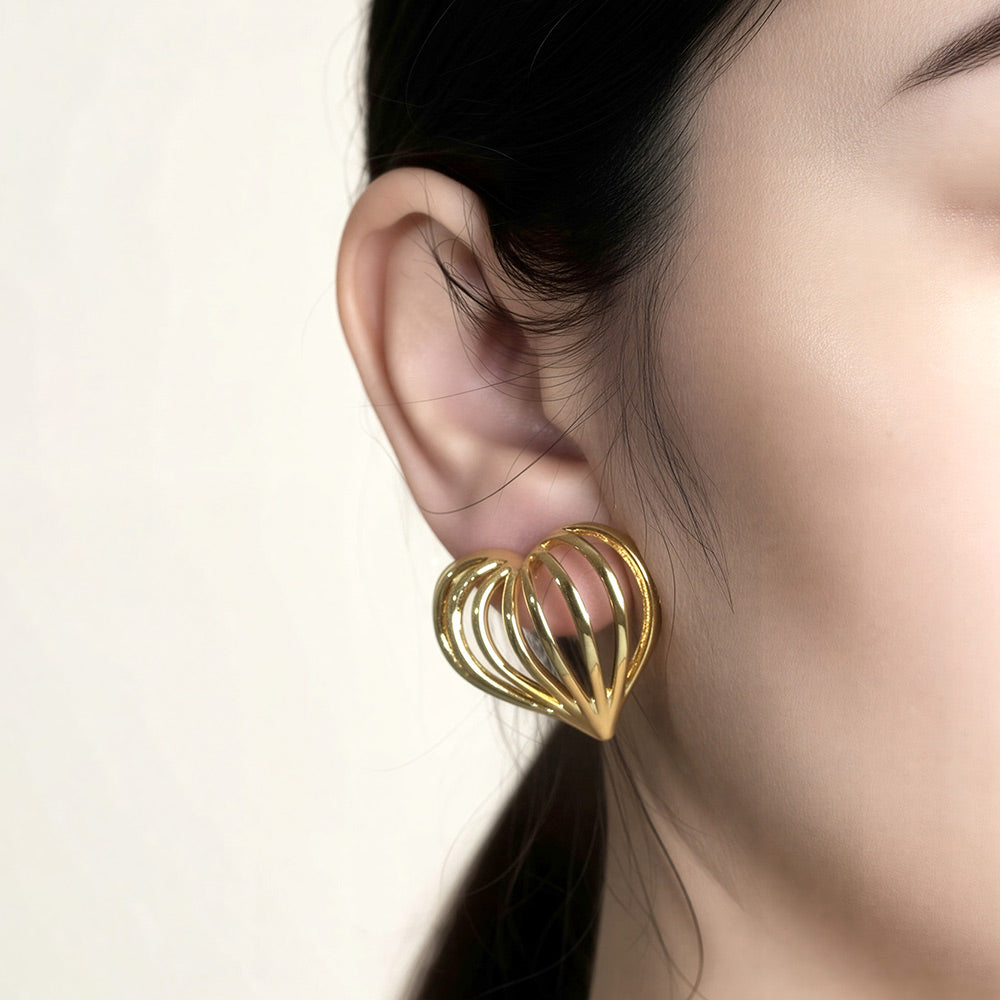 Madeline Love Gold 14K Gold Dipped Sculpted Heart Cage Stud Earrings - extra