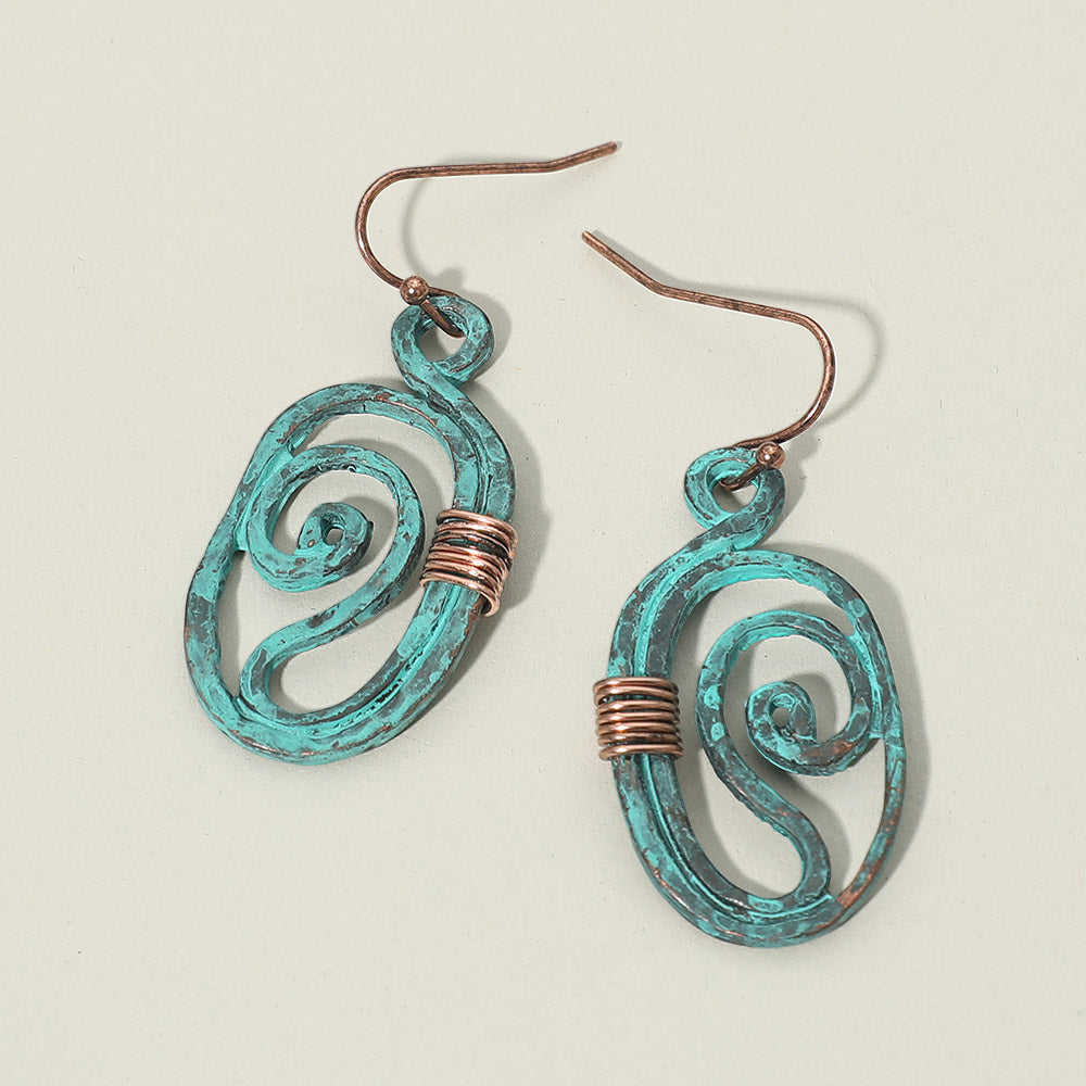 Madeline Love Copper Burnished, Patina Verdigris Boho Metal Swirl Oval Drop Earrings