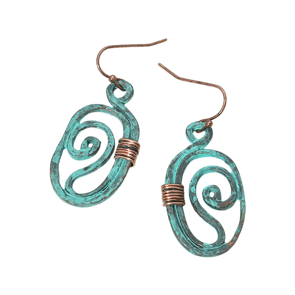 Madeline Love Copper Burnished, Patina Verdigris Boho Metal Swirl Oval Drop Earrings - desc