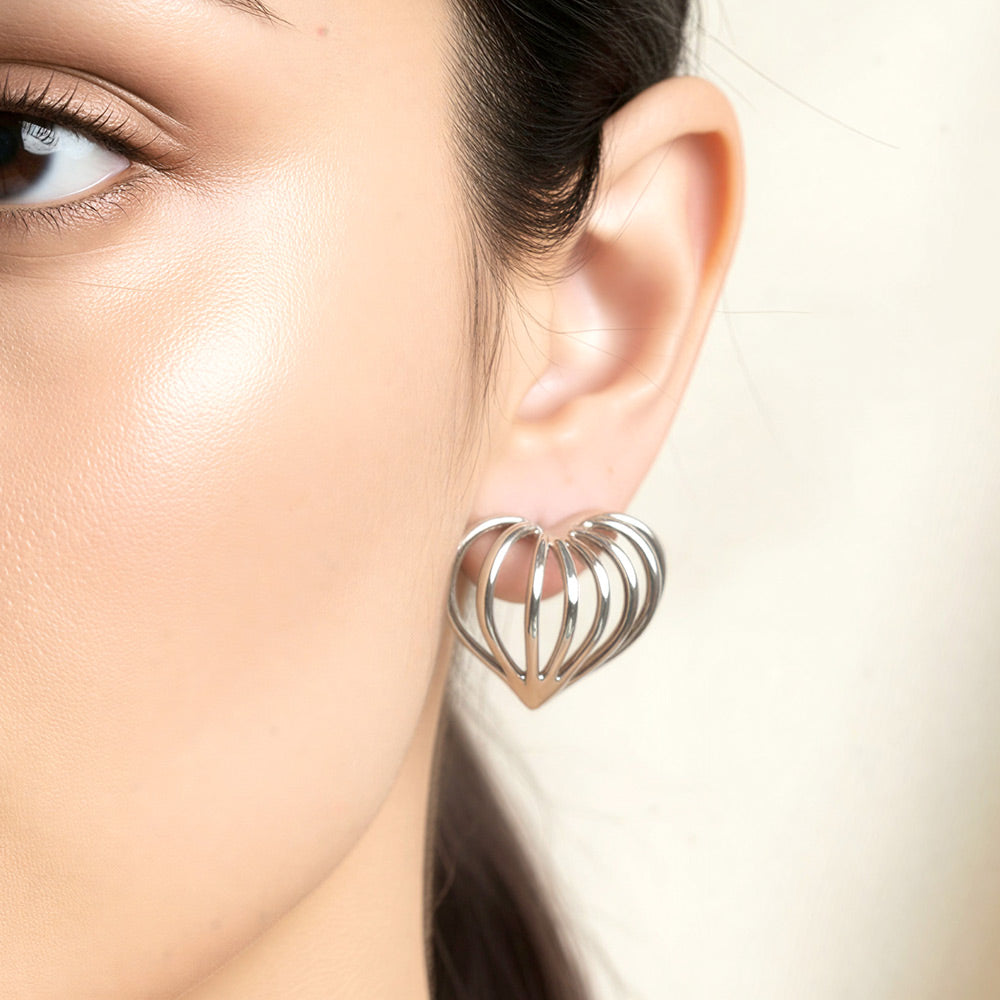 Madeline Love Rhodium, White Gold White Gold Dipped Sculpted Heart Cage Stud Earrings