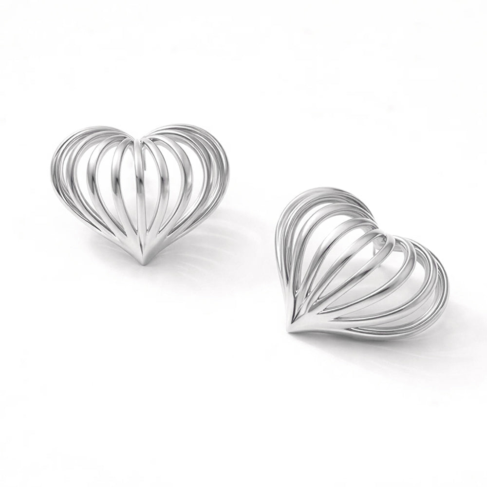 Madeline Love Rhodium, White Gold White Gold Dipped Sculpted Heart Cage Stud Earrings - desc
