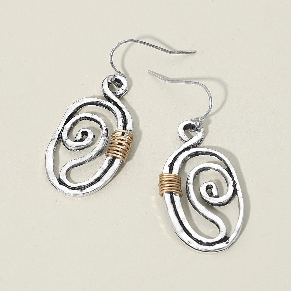 Madeline Love Silver Burnished, Two Tone Boho Metal Swirl Oval Drop Earrings