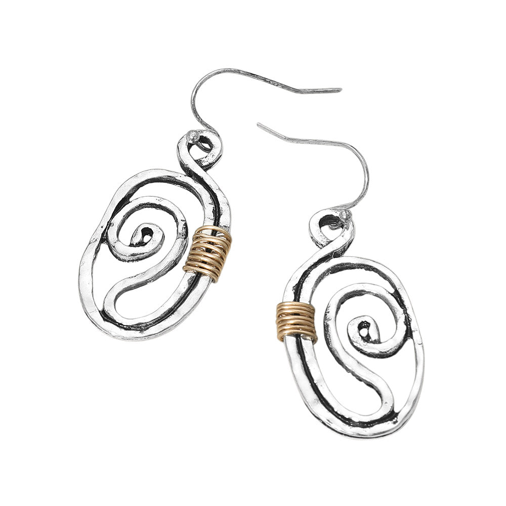 Madeline Love Silver Burnished, Two Tone Boho Metal Swirl Oval Drop Earrings - desc