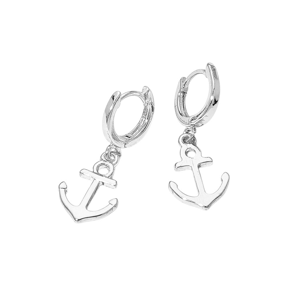 Madeline Love Rhodium Anchor Charm Drop Huggie Hoop Earrings - desc