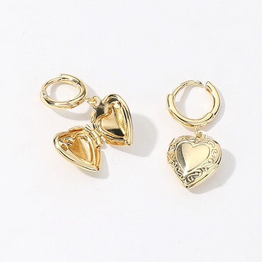 SECRET BOX_14K Gold Dipped Heart Locket Dangle Huggie Earrings