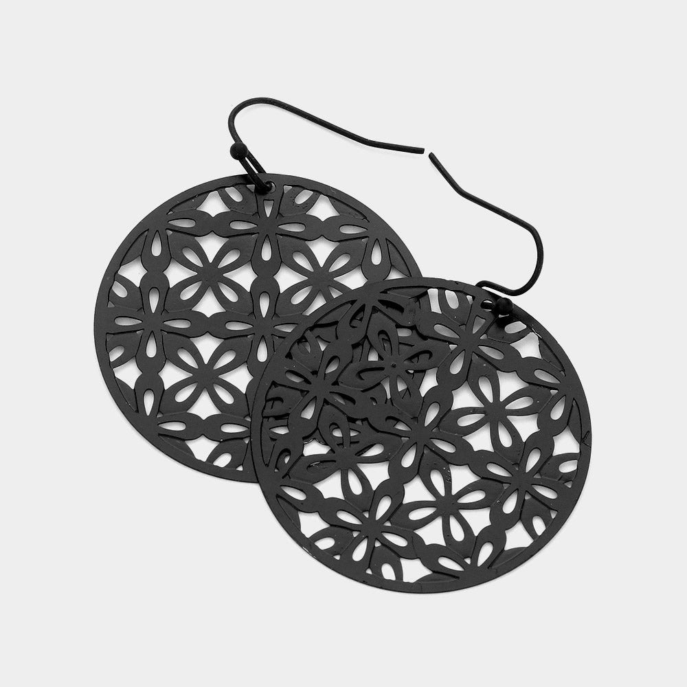 Madeline Love Black Abstract Pattern Circle Metal Filigree Dangle Earrings