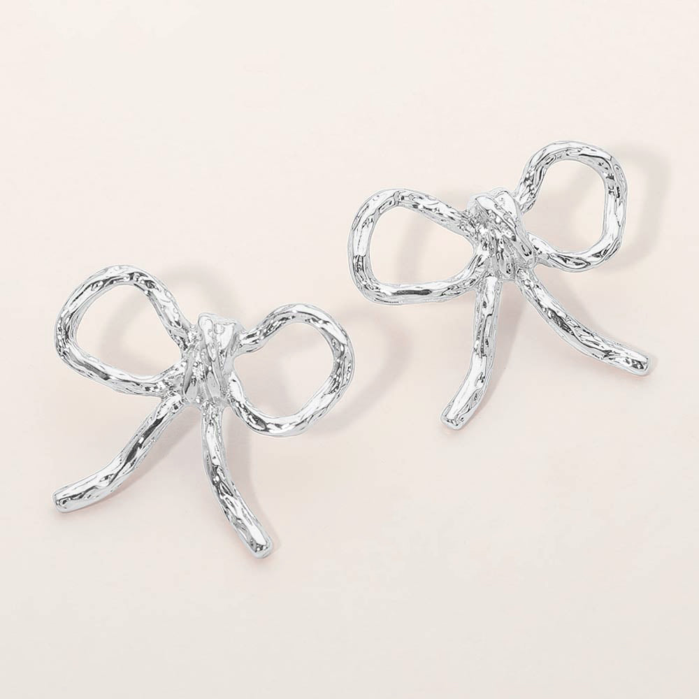 Madeline Love Silver Textured Metal Bow Knot Earrings