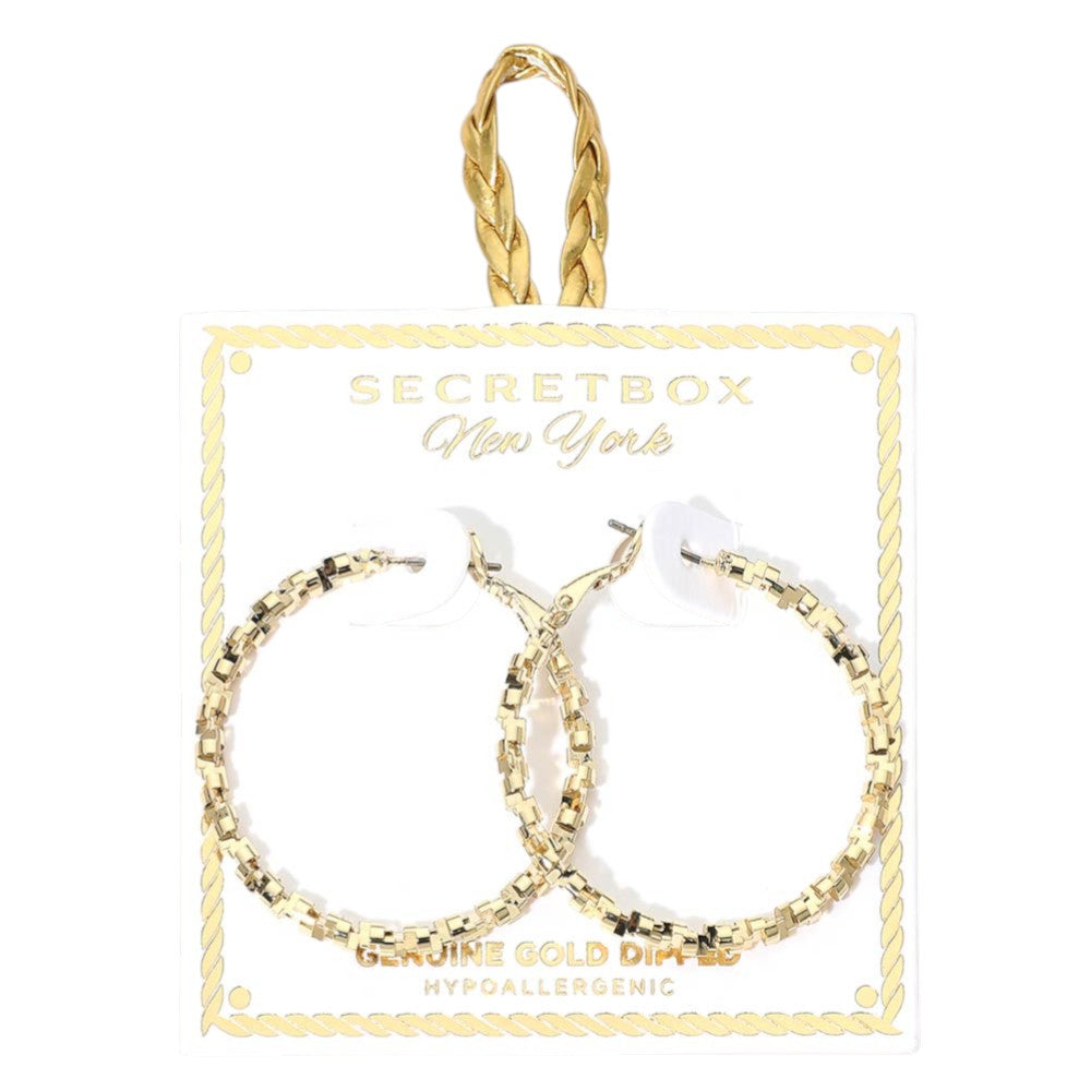 Madeline Love Gold SECRET BOX_Genuine Gold Dipped Hypoallergenic Geometric Textured Hoop Earrings - desc
