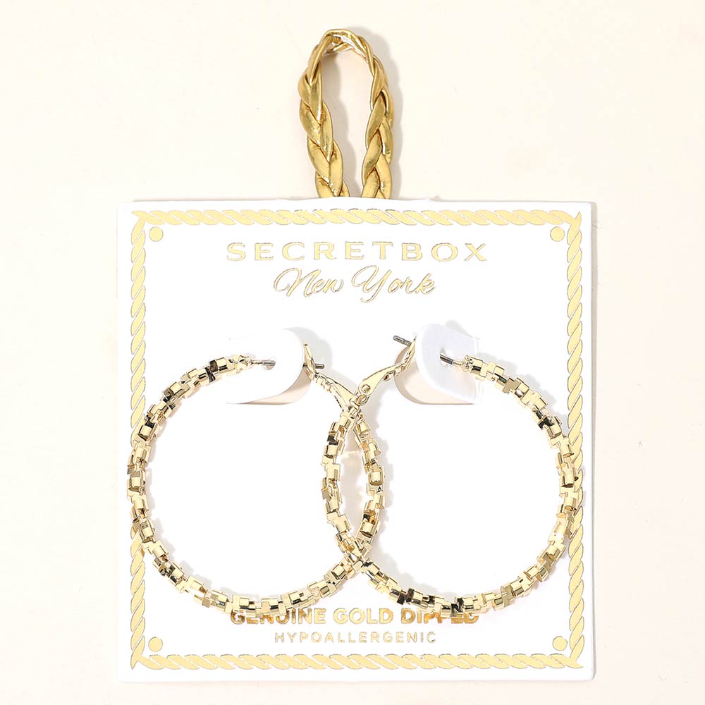 Madeline Love Gold SECRET BOX_Genuine Gold Dipped Hypoallergenic Geometric Textured Hoop Earrings - extra