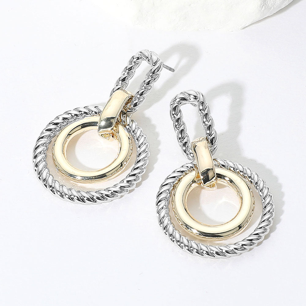 Madeline Love Two Tone 14K Gold Plated Two Tone Textured Geometric Double Hoop Drop Earrings