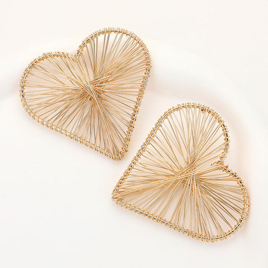 Oversized Metal Wired Heart Earrings - Gold - Earrings