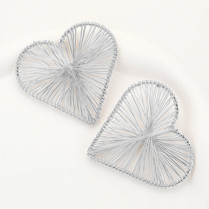 Oversized Metal Wired Heart Earrings - Rhodium - Earrings