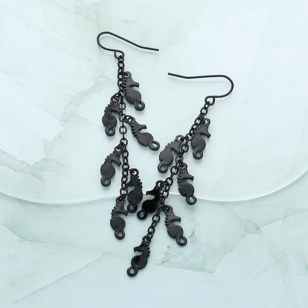 Black Metal Seahorse Cluster Vine Dangle Earrings