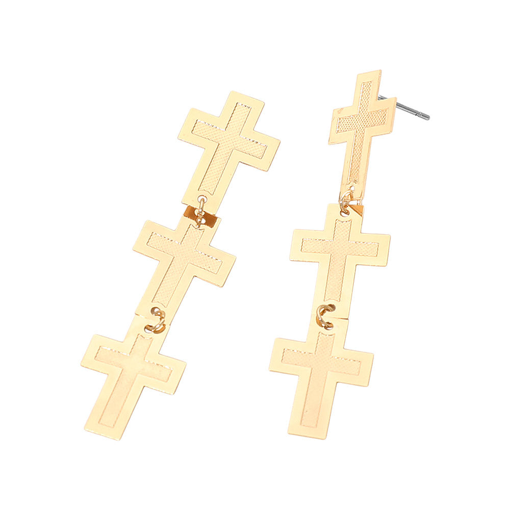 Madeline Love Gold Lightweight Triple Minimal Cross Link Drop Earrings - desc