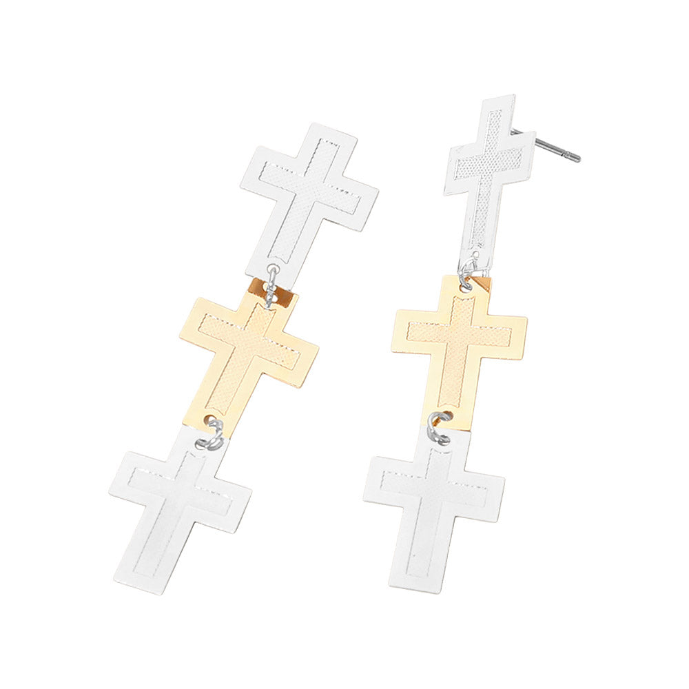 Madeline Love Two Tone Lightweight Triple Minimal Cross Link Drop Earrings - desc