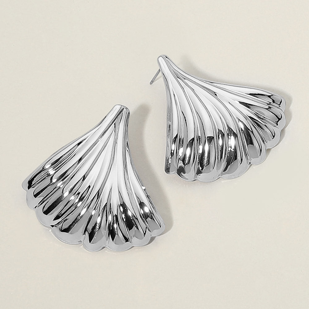 Madeline Love Rhodium Textured Sculptural Metal Fan Shell Statement Earrings