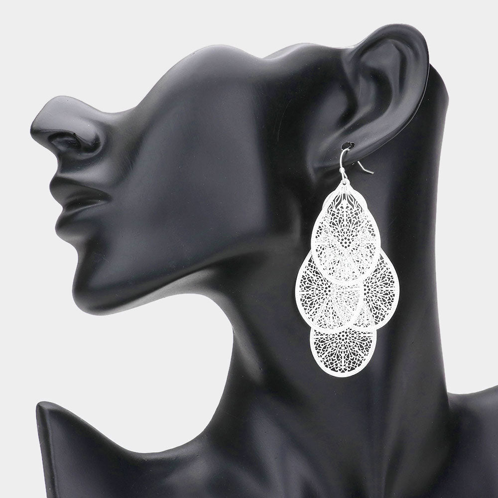 Madeline Love Matte Silver Filigree Leaf Cluster Silhouette Drop Earrings
