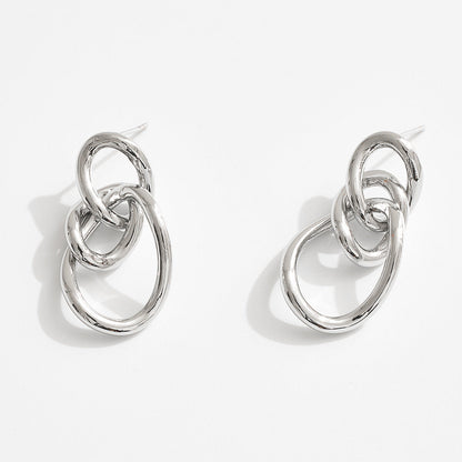 Madeline Love Silver, White Gold White Gold Dipped Triple Interlocking Hoop Drop Earrings